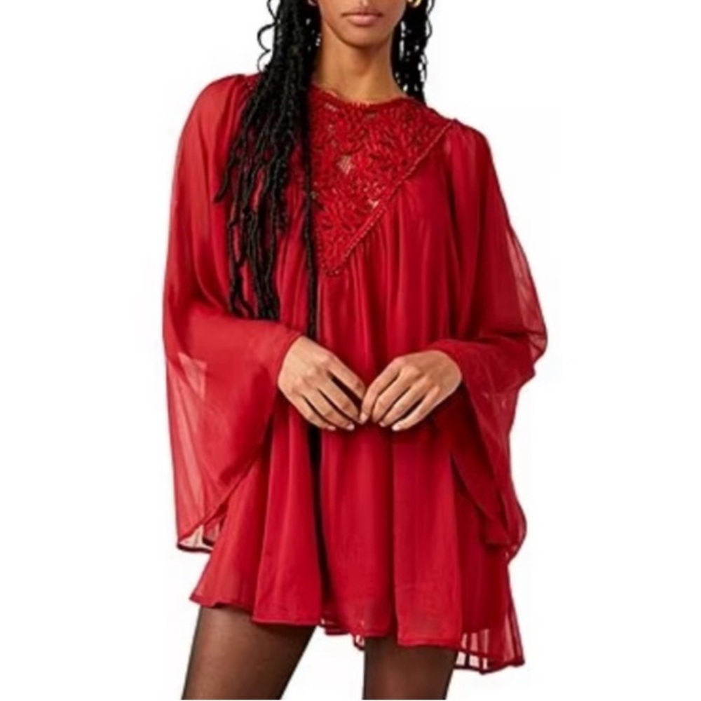 Free People Sunshine Of Love Scoop Neck Long Flowy Sleeve Crochet Mini Dress